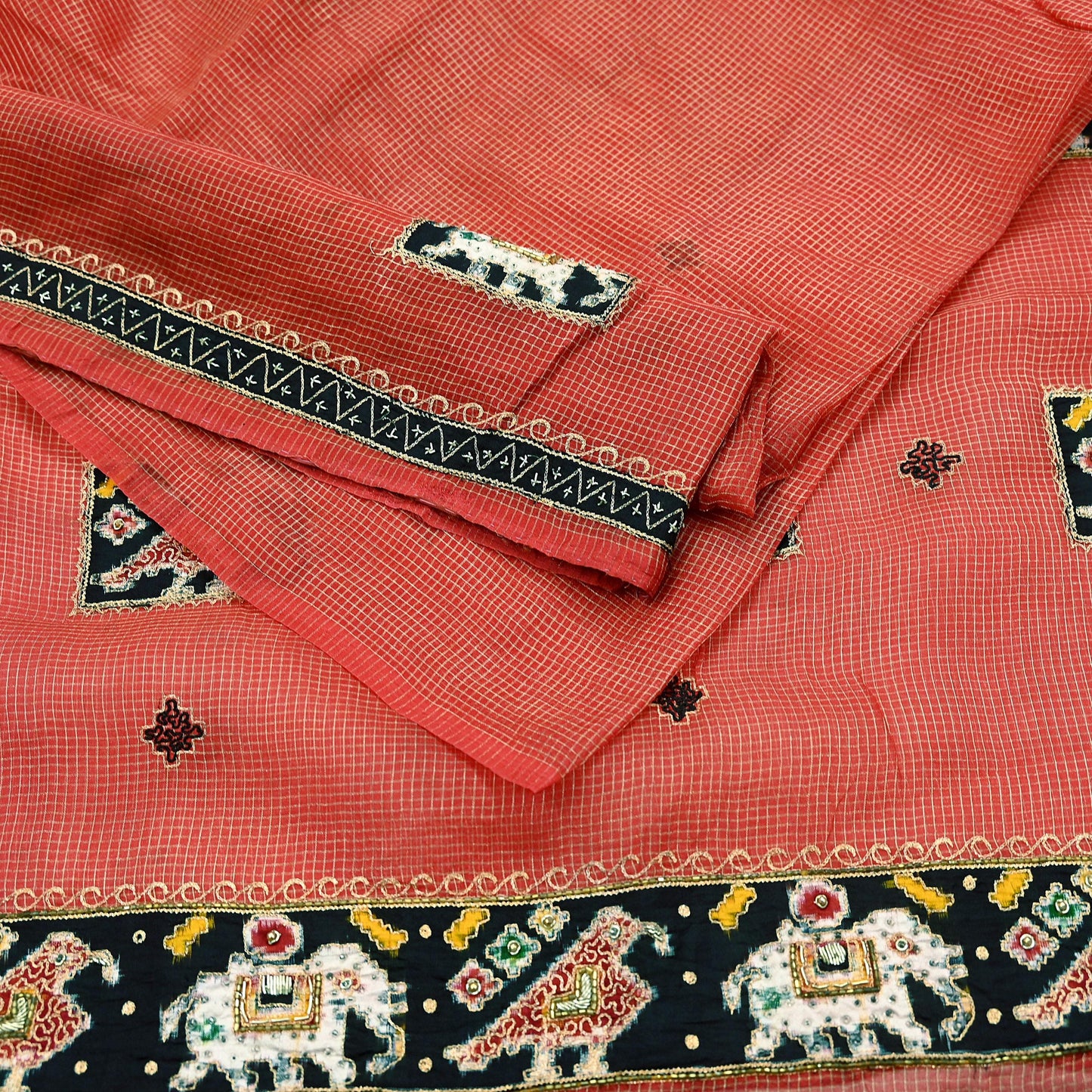 Indian Vintage Sari Red Hand Embroidered Patola Saree Pure Organza Silk Craft Fabric 5Yd Ethnic Dress Making Crafting Quilting Zardozi