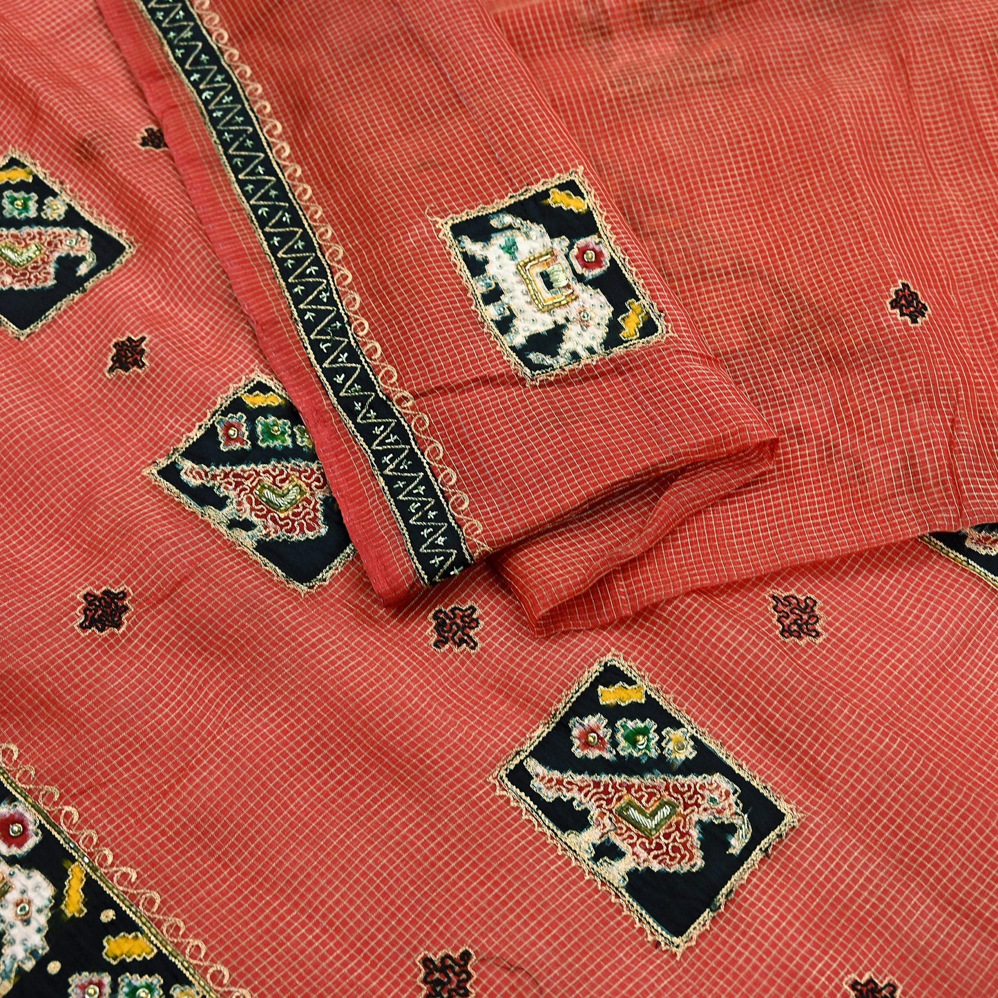 Indian Vintage Sari Red Hand Embroidered Patola Saree Pure Organza Silk Craft Fabric 5Yd Ethnic Dress Making Crafting Quilting Zardozi