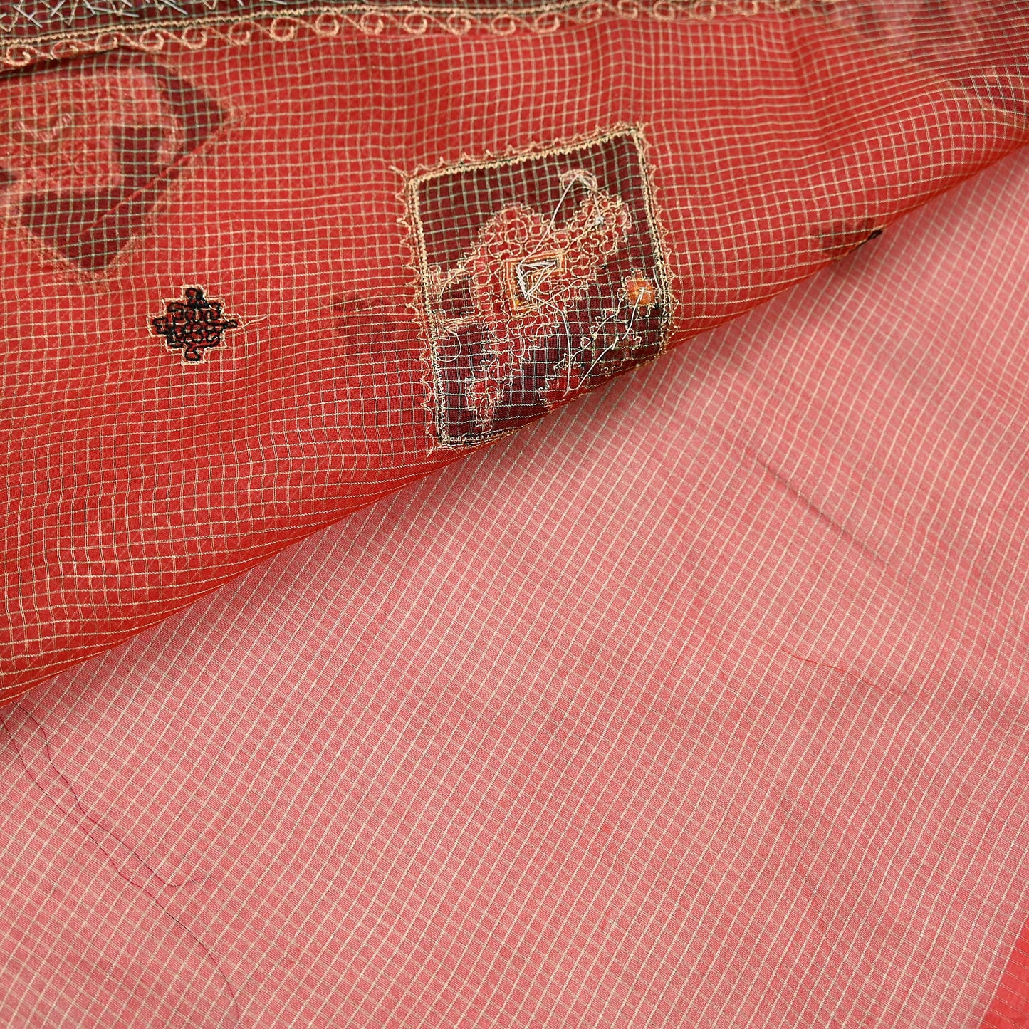 Indian Vintage Sari Red Hand Embroidered Patola Saree Pure Organza Silk Craft Fabric 5Yd Ethnic Dress Making Crafting Quilting Zardozi