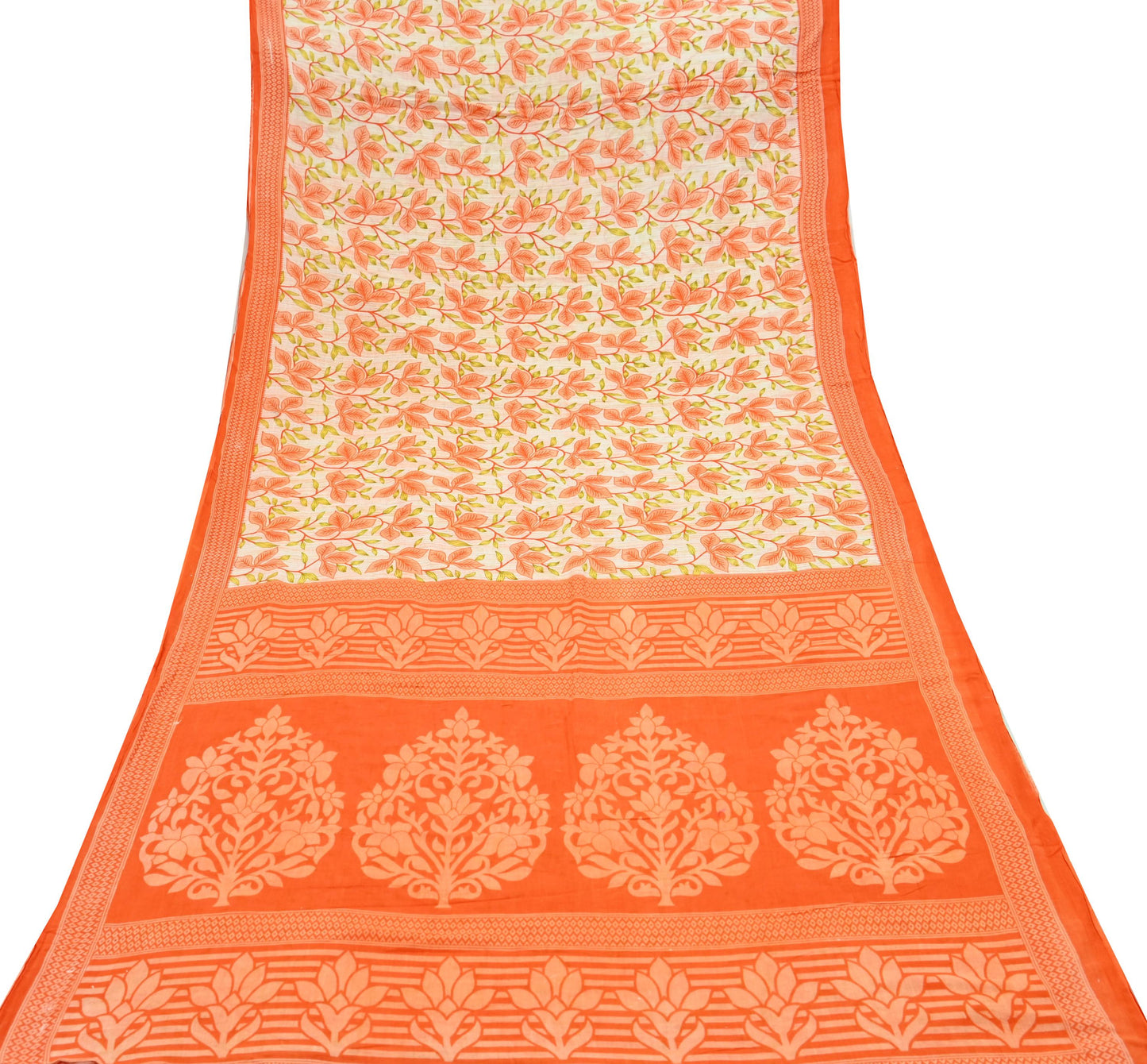 Indian Vintage Sari Orange & Ivory Printed Pure Cotton Saree Craft Fabric 5Yd Soft Sewing Sarong Wrap Boho Dress making Crafting Quilting