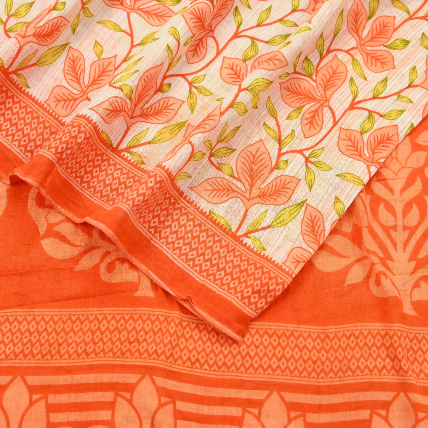 Indian Vintage Sari Orange & Ivory Printed Pure Cotton Saree Craft Fabric 5Yd Soft Sewing Sarong Wrap Boho Dress making Crafting Quilting