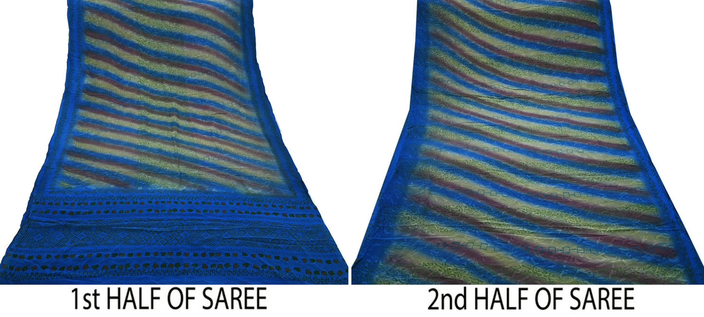 Indian Vintage Blue Saree Pure Crepe Silk Printed Sari 5yd Sewing Abstract Soft Craft Fabric Wrap Dress making Crafting Quilting Upcycle