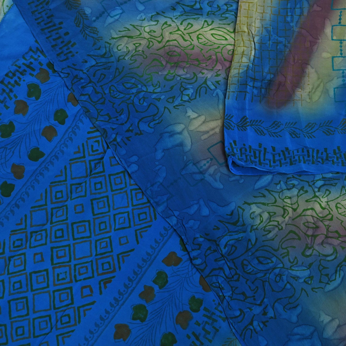 Indian Vintage Blue Saree Pure Crepe Silk Printed Sari 5yd Sewing Abstract Soft Craft Fabric Wrap Dress making Crafting Quilting Upcycle
