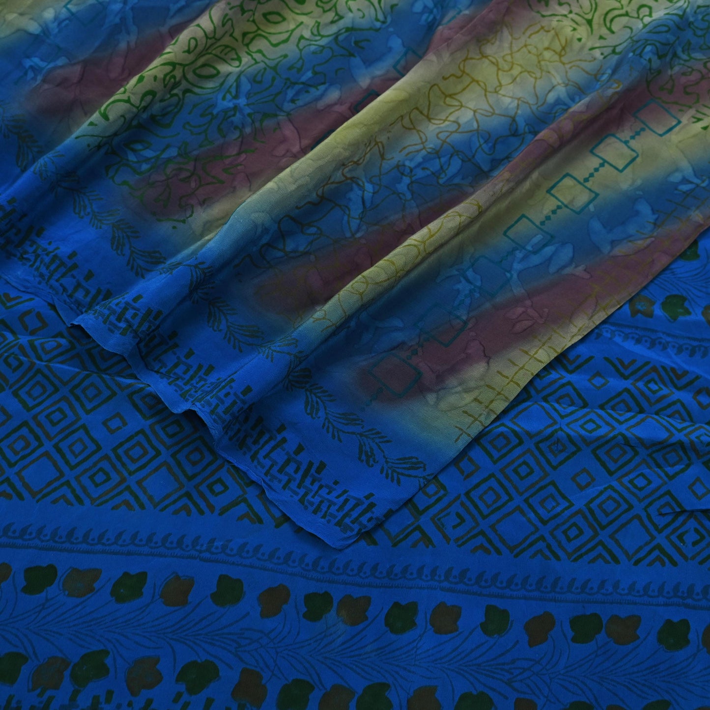 Indian Vintage Blue Saree Pure Crepe Silk Printed Sari 5yd Sewing Abstract Soft Craft Fabric Wrap Dress making Crafting Quilting Upcycle