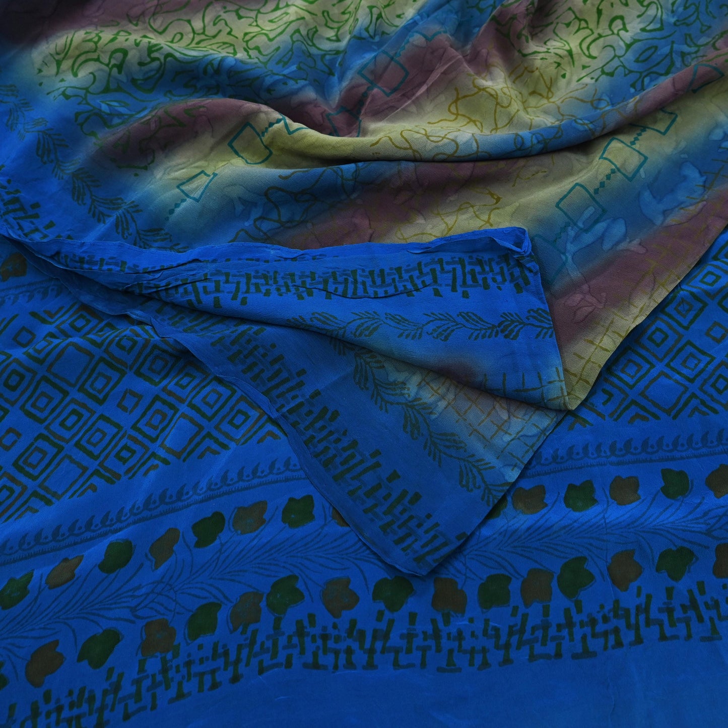 Indian Vintage Blue Saree Pure Crepe Silk Printed Sari 5yd Sewing Abstract Soft Craft Fabric Wrap Dress making Crafting Quilting Upcycle