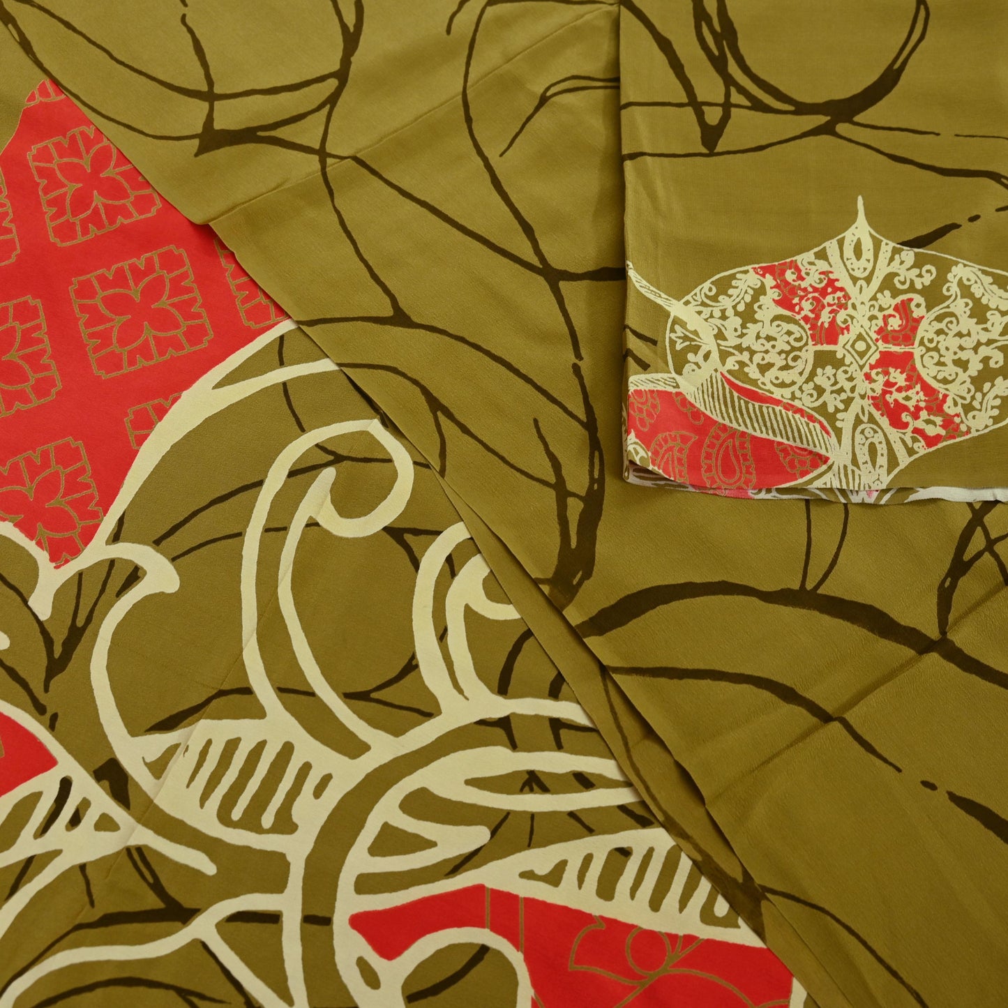 Indian Vintage Orange & Green Saree Pure Crepe Silk Printed Sari Craft Fabric 5yd Sewing Floral Soft Wrap Dress making Crafting Quilting