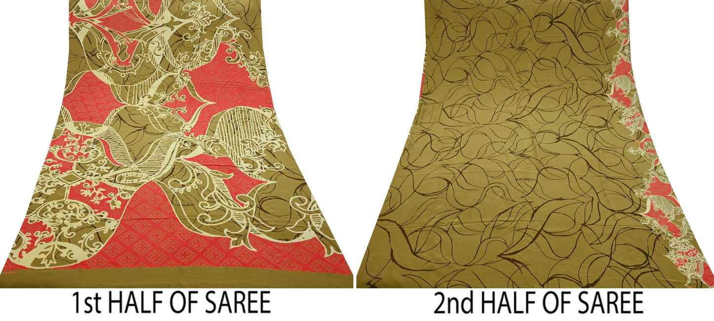Indian Vintage Orange & Green Saree Pure Crepe Silk Printed Sari Craft Fabric 5yd Sewing Floral Soft Wrap Dress making Crafting Quilting