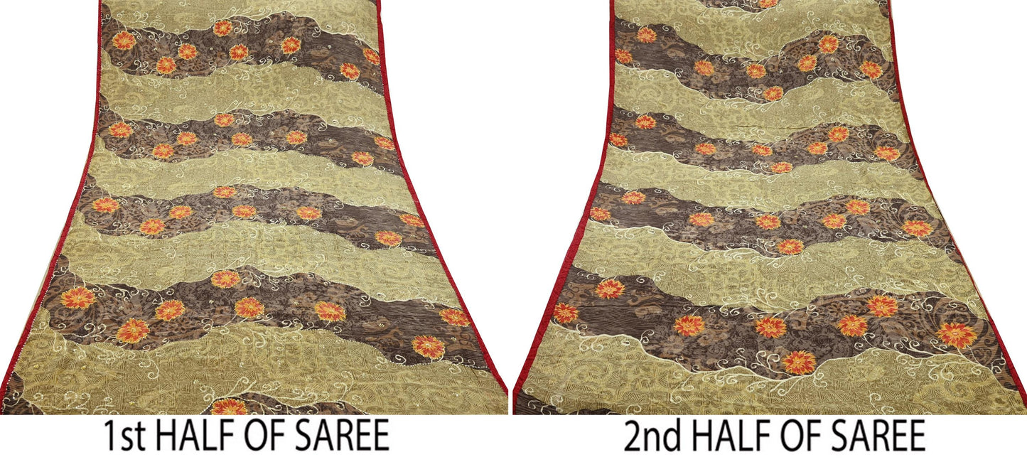 Indian Vintage Sari Brown & Beige Pure Crepe Silk Hand Embroidered Saree 5yd Sewing Floral Craft Sequins Dress making Crafting Quilting