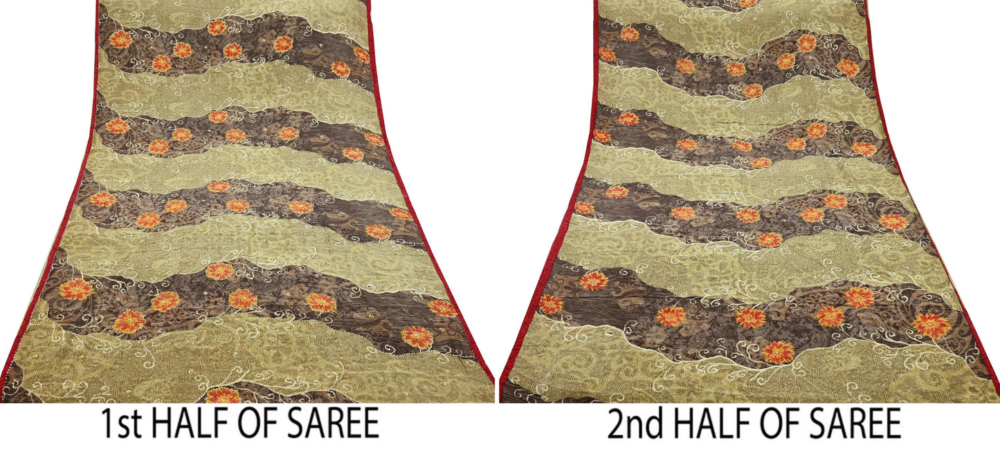 Indian Vintage Sari Brown & Beige Pure Crepe Silk Hand Embroidered Saree 5yd Sewing Floral Craft Sequins Dress making Crafting Quilting