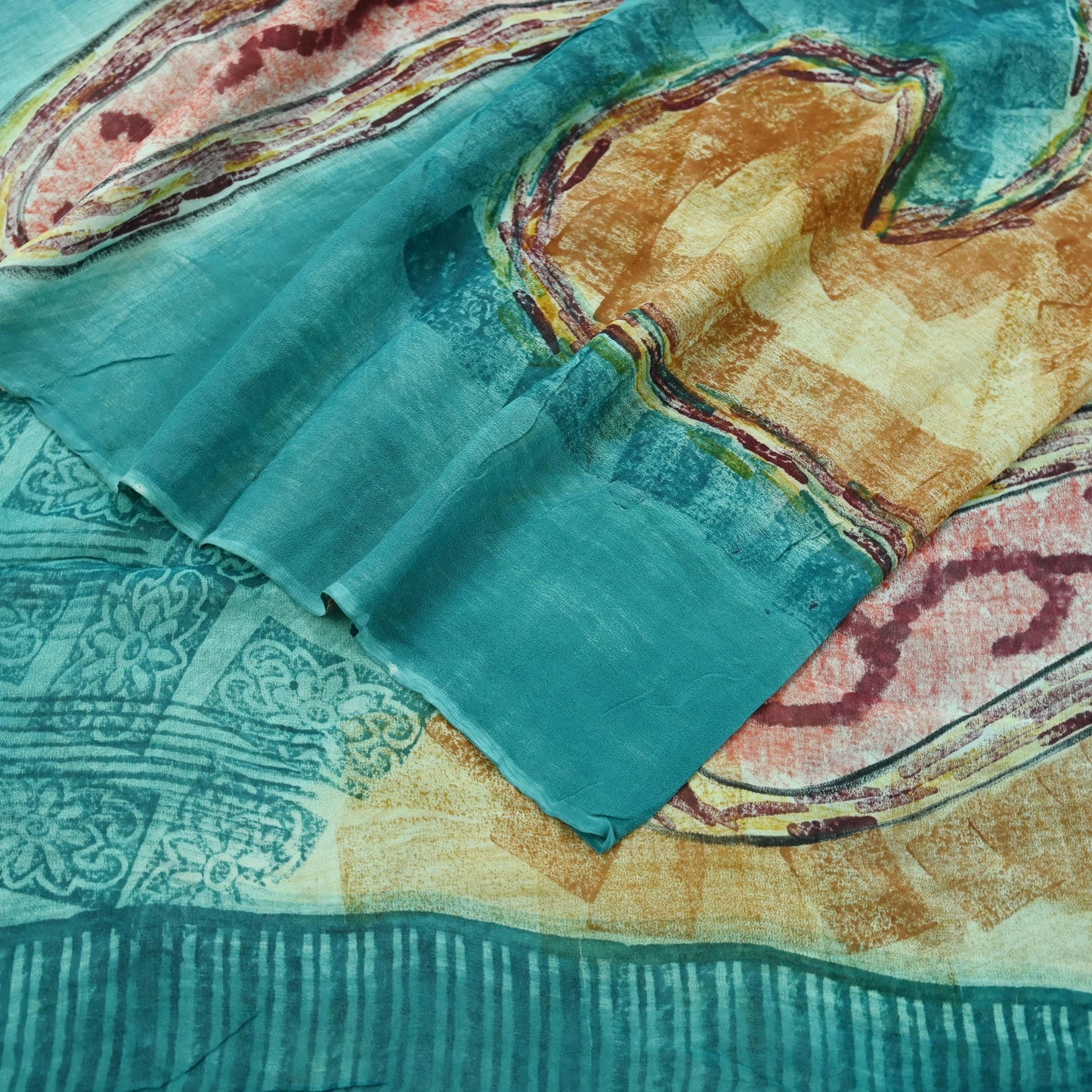 Indian Vintage Sari Beige & Blue Pure Georgette Silk Sarees Craft Fabric Sewing 5Yd Soft Light Dress Making Upcycle Quilting Crafting