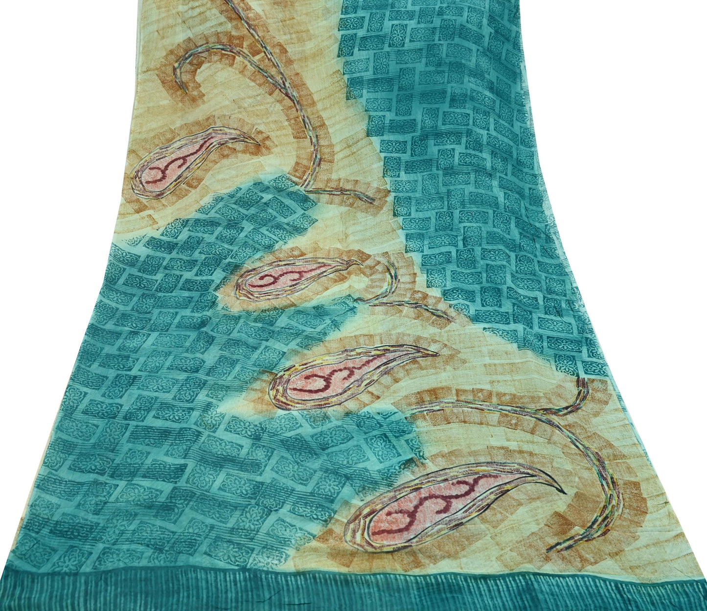 Indian Vintage Sari Beige & Blue Pure Georgette Silk Sarees Craft Fabric Sewing 5Yd Soft Light Dress Making Upcycle Quilting Crafting