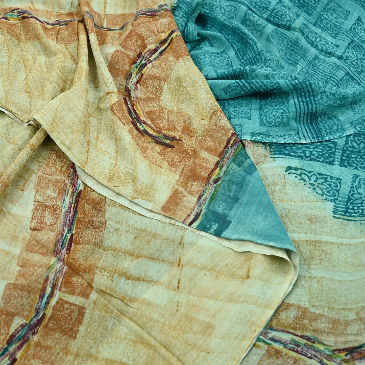 Indian Vintage Sari Beige & Blue Pure Georgette Silk Sarees Craft Fabric Sewing 5Yd Soft Light Dress Making Upcycle Quilting Crafting