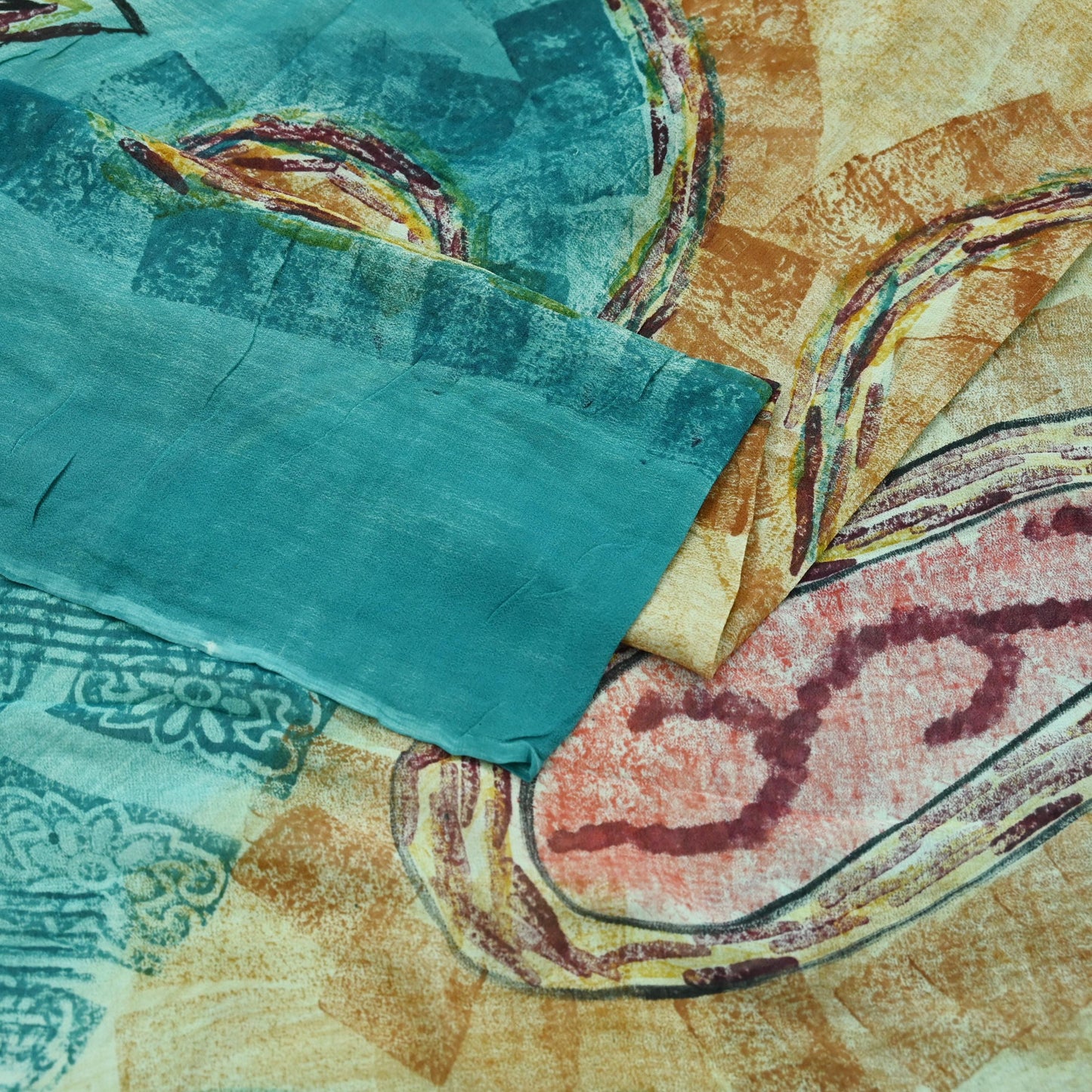 Indian Vintage Sari Beige & Blue Pure Georgette Silk Sarees Craft Fabric Sewing 5Yd Soft Light Dress Making Upcycle Quilting Crafting