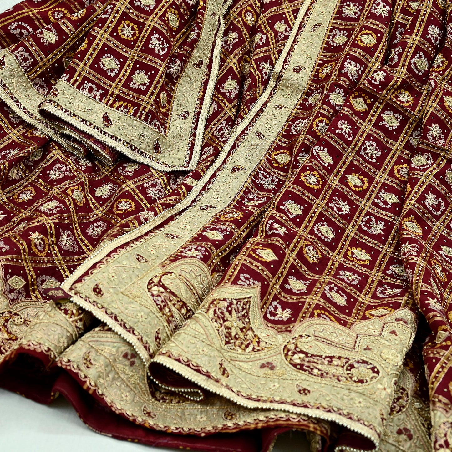 Indian Vintage Heavy Wedding Maroon Pure Cotton Hand Embroidered Bandhani Gharchola Lehenga/Dupatta Bridal Wear Zardozi/ Dabka, Zari