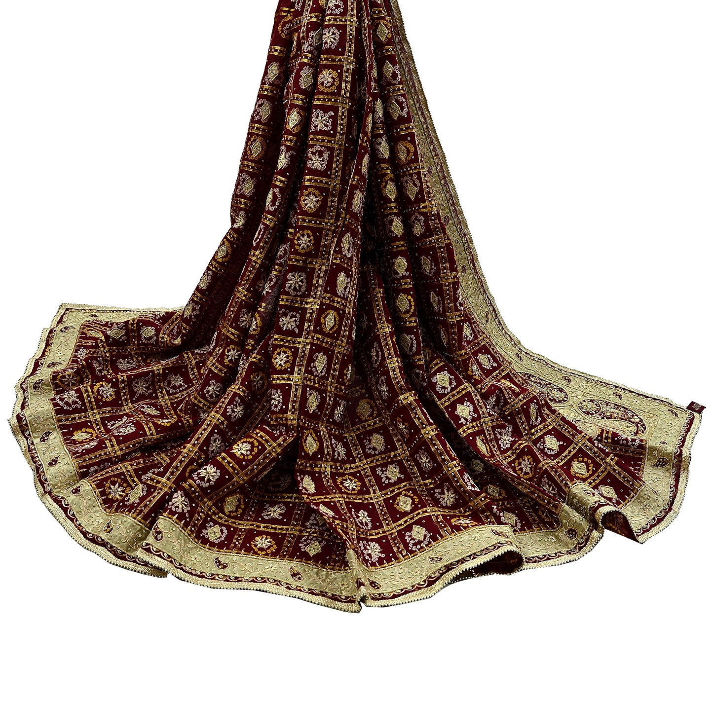 Indian Vintage Heavy Bridal Maroon Dupatta Pure Cotton Long Stole Hand Embroidered Bandhani Gharchola Scarves Wedding/Party Wear Paisley