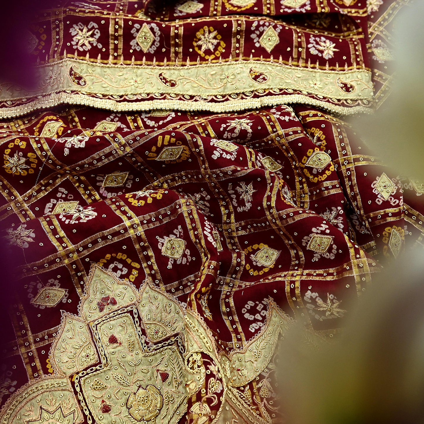 Indian Vintage Heavy Bridal Maroon Dupatta Pure Cotton Long Stole Hand Embroidered Bandhani Gharchola Scarves Wedding/Party Wear Paisley