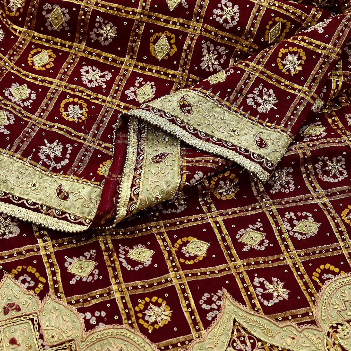 Indian Vintage Heavy Bridal Maroon Dupatta Pure Cotton Long Stole Hand Embroidered Bandhani Gharchola Scarves Wedding/Party Wear Paisley