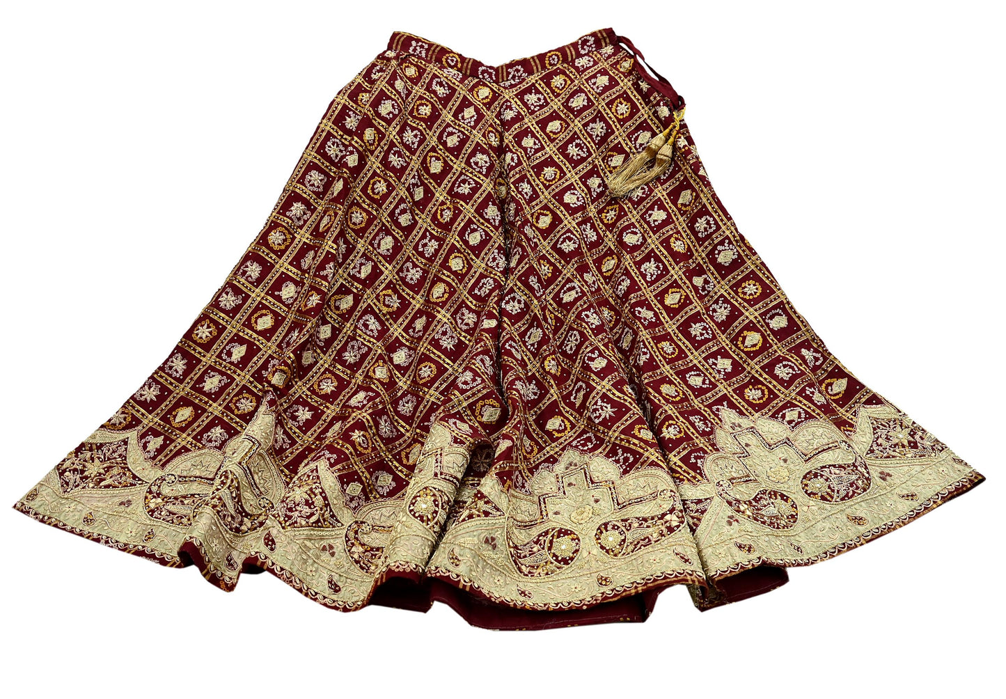Indian Vintage Heavy Wedding Maroon Pure Cotton Hand Embroidered Bandhani Gharchola Lehenga/Skirt Bridal Wear Zardozi/ Dabka, Zari