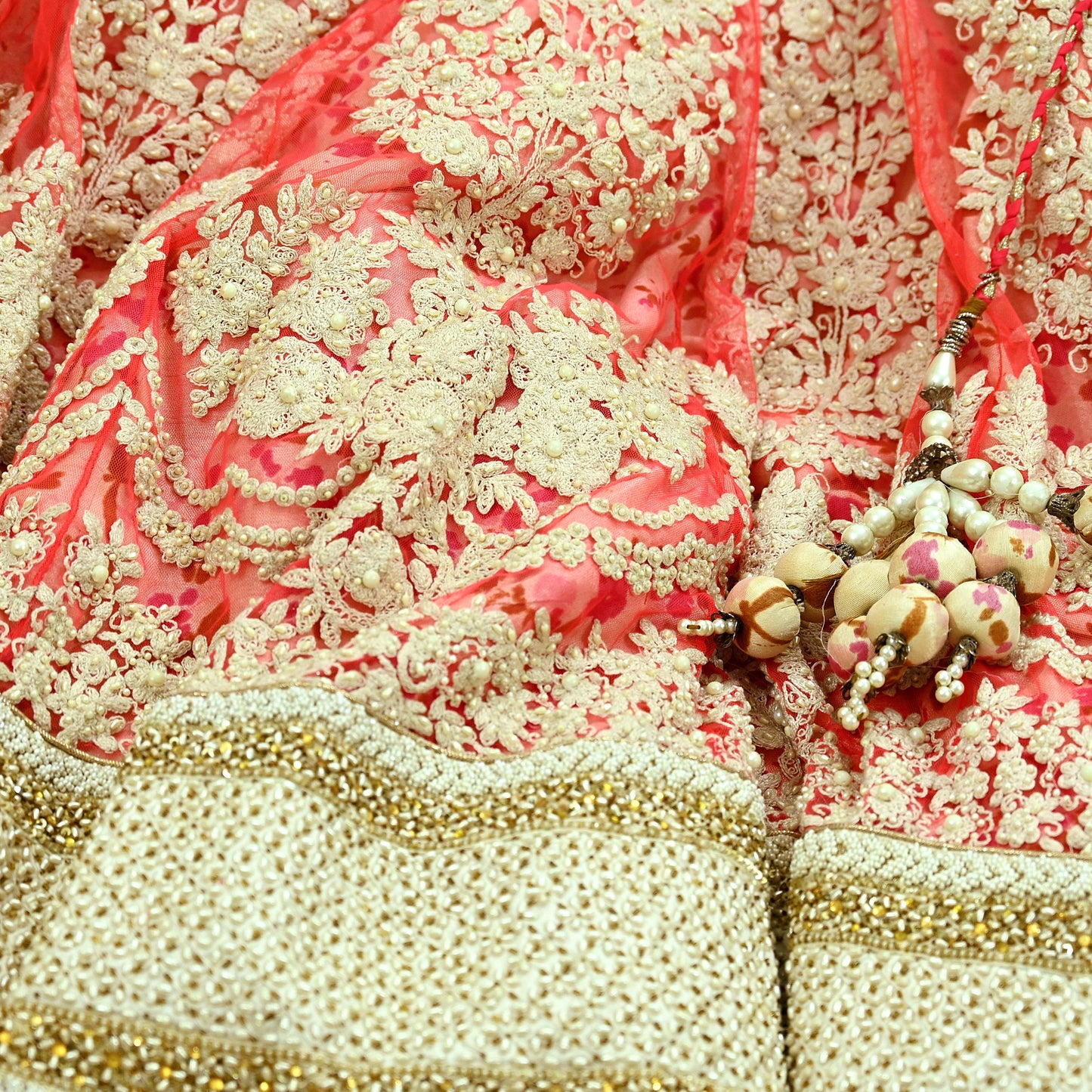 Indian Pre-owned Heavy Pink & Ivory Mesh/Net Hand Embroidered Lehenga 3pcs Set By Designer Abu Jani Bridal Wear With Blouse