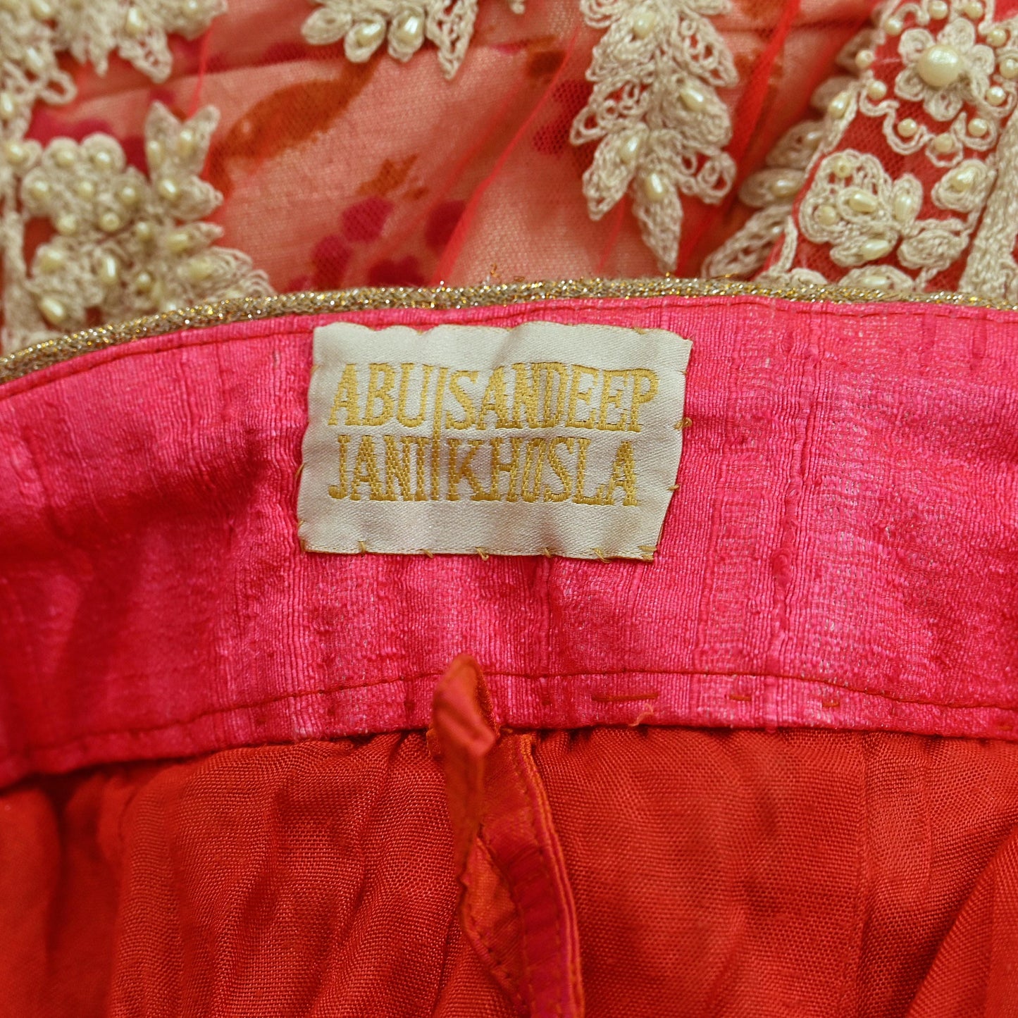 Indian Pre-owned Pink Heavy Wedding Net Hand Embroidered Lehenga/Skirt Designer By Abu Jani Zardozi Bridal Wear