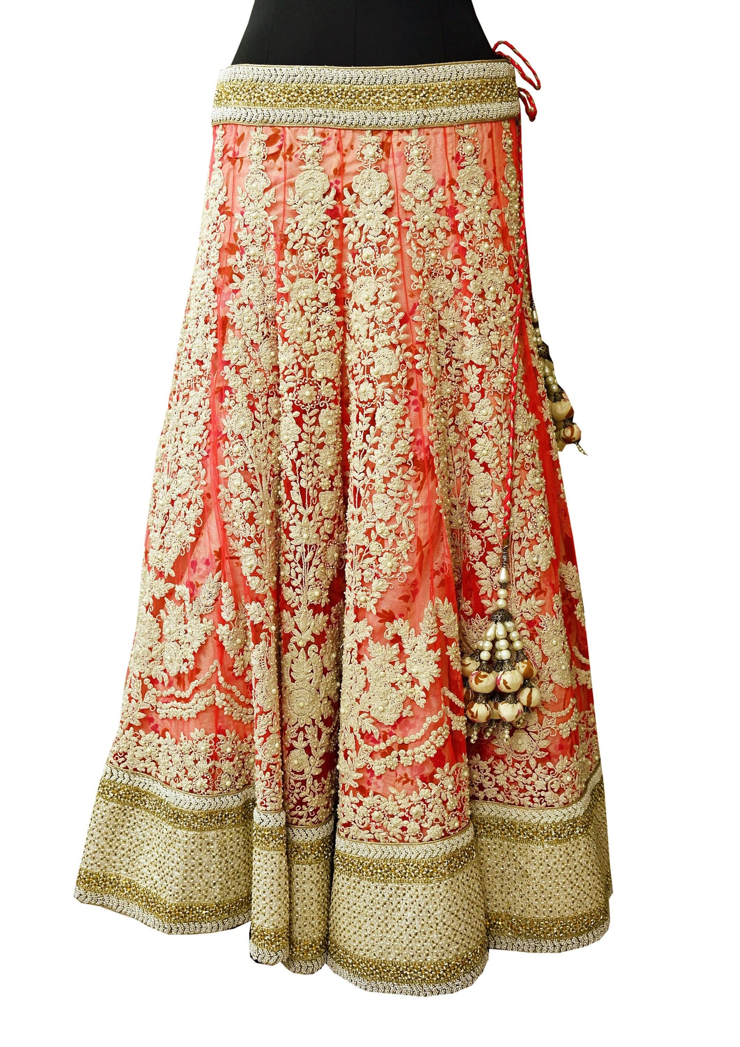 Indian Pre-owned Pink Heavy Wedding Net Hand Embroidered Lehenga/Skirt Designer By Abu Jani Zardozi Bridal Wear