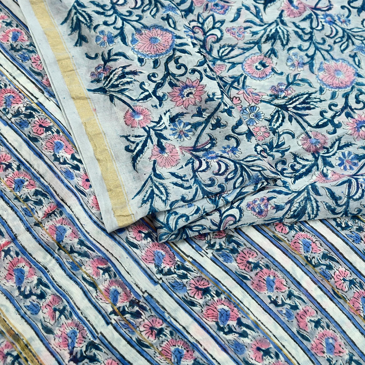 Indian Vintage Sari Pure chanderi Silk Bagru Printed Saree 5Yd Fabric Floral Soft Zari Border Ethnic Upcycle Crafting Dress making