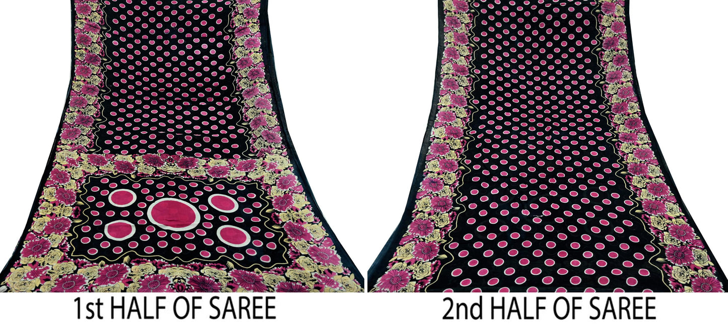 Indian Vintage Sari Black Printed 100% Pure Cotton Saree Craft Fabric 5Yd Sewing Sarong Wrap Boho Floral Dress making Quilting Soft