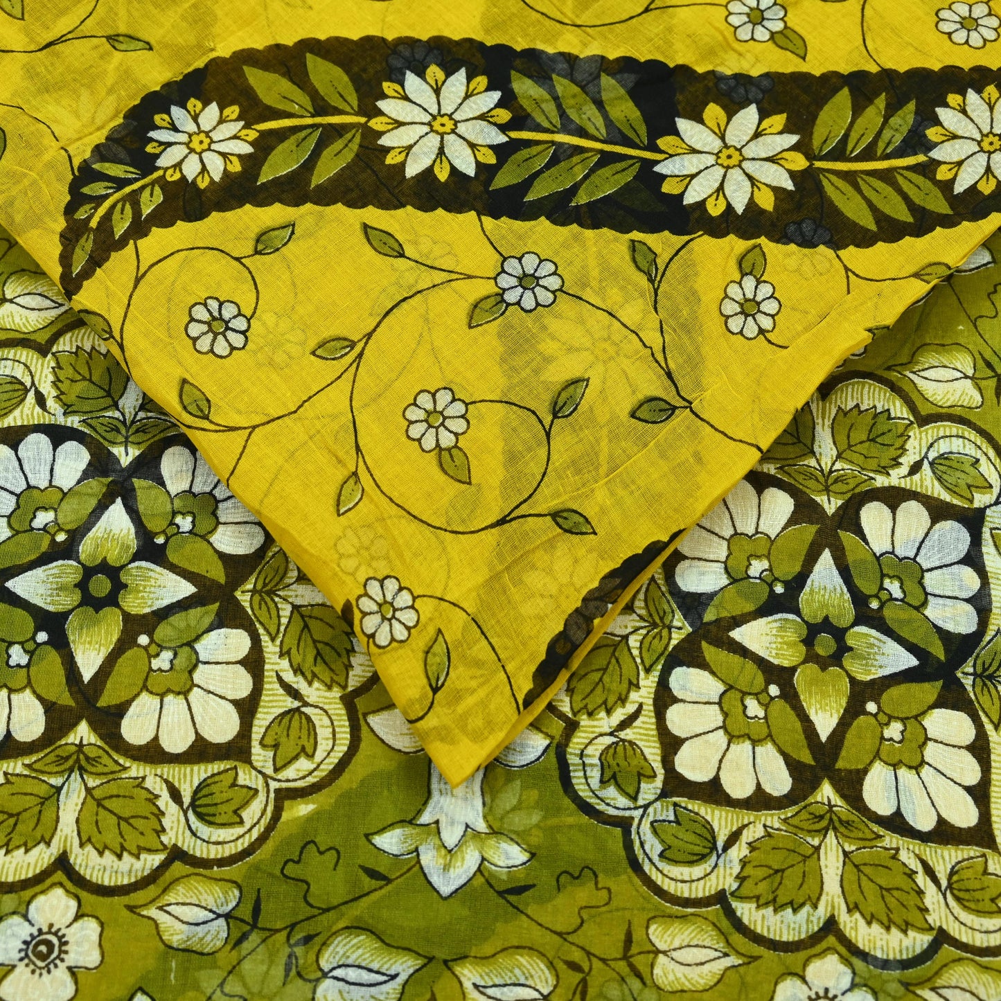 Indian Vintage Sari Yellow & Green Printed Pure Cotton Sarees Craft Fabric 5Yd Soft Sewing Sarong Wrap Boho Floral Dress making Quilting