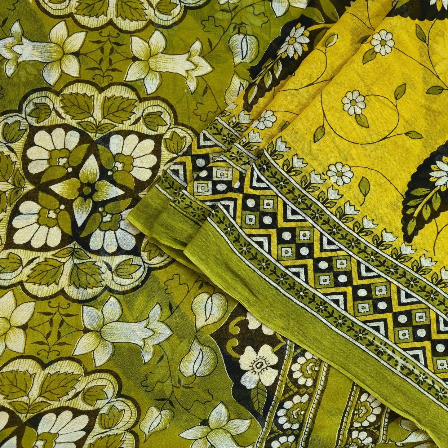 Indian Vintage Sari Yellow & Green Printed Pure Cotton Sarees Craft Fabric 5Yd Soft Sewing Sarong Wrap Boho Floral Dress making Quilting