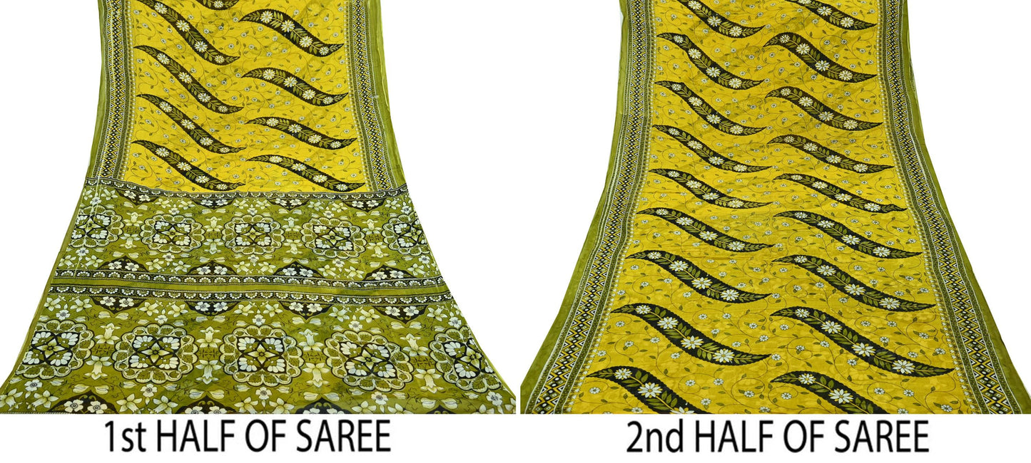 Indian Vintage Sari Yellow & Green Printed Pure Cotton Sarees Craft Fabric 5Yd Soft Sewing Sarong Wrap Boho Floral Dress making Quilting
