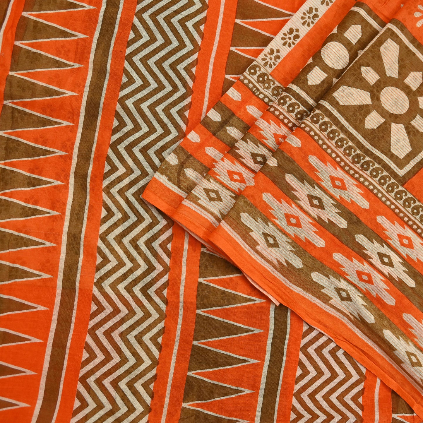 Indian Vintage Sari Orange & Brown Printed Pure Cotton Saree Craft Fabric 5Yd Soft Sewing Sarong Wrap Boho Dress making Crafting Quilting