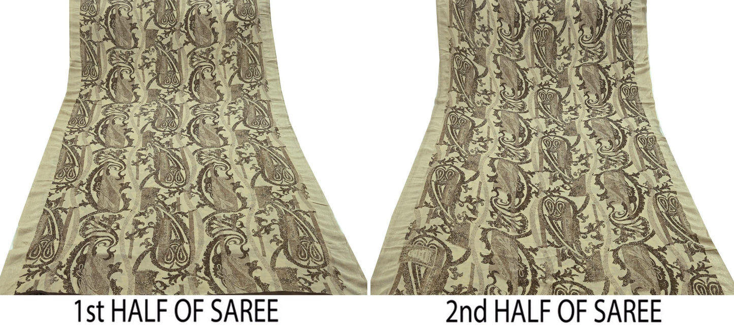 Indian Vintage Sari Beige Pure Georgette Silk Printed Sarees 5Yd Craft Fabric Sewing Quilting Dress making Crafting Quilting Upcycle