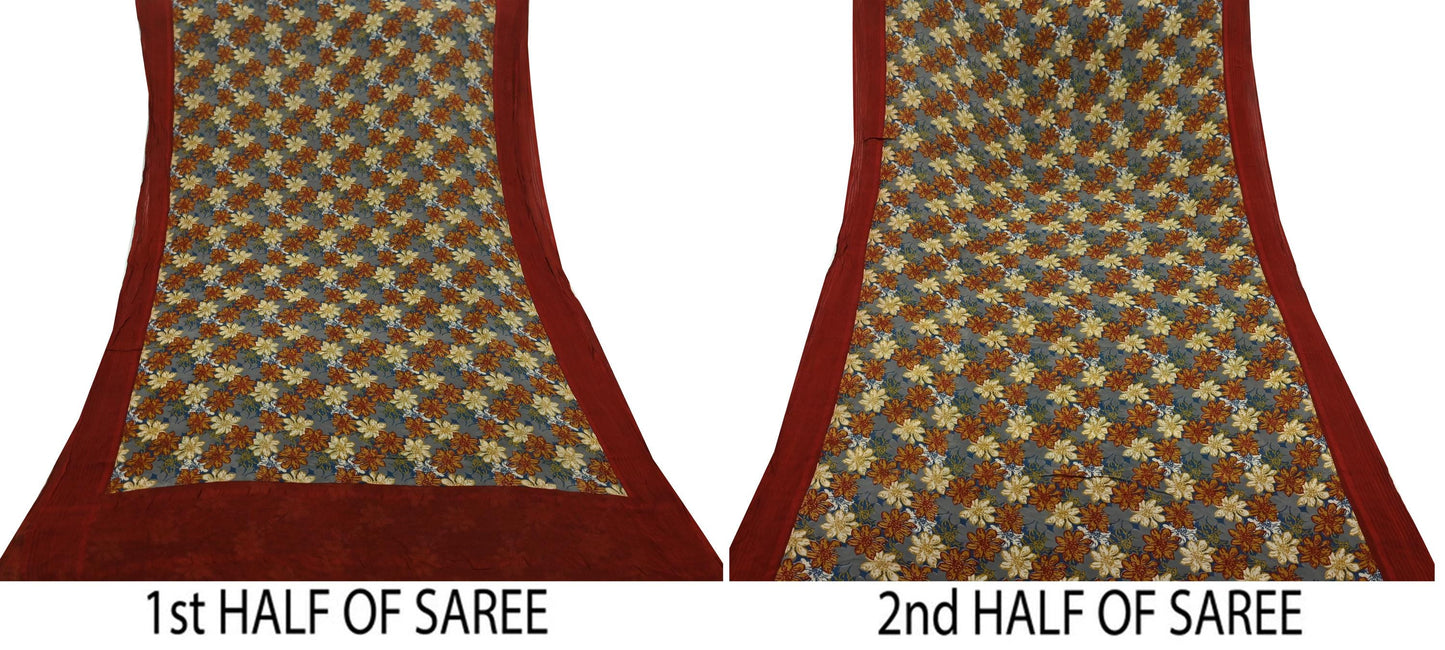 Indian Vintage Sari Beige Pure Georgette Silk Printed Sarees 5Yd Craft Fabric Sewing Quilting Dress making Crafting Quilting Upcycle