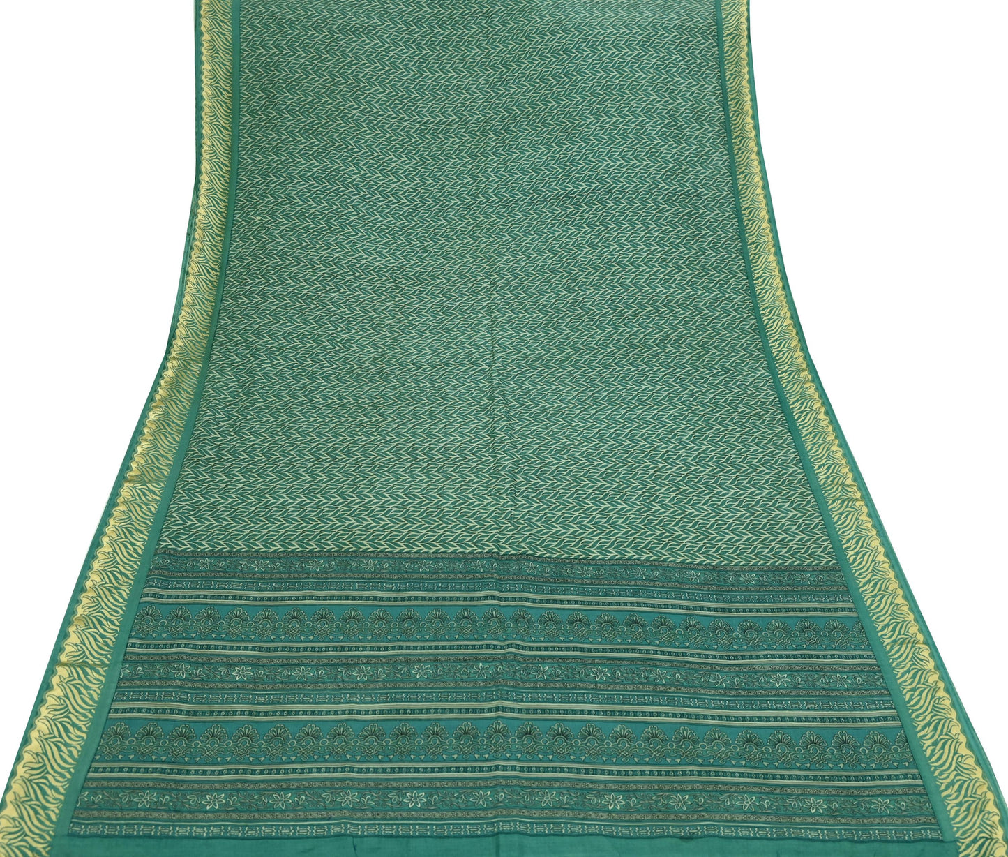 Indian Vintage Sari Beige & Green Pure Silk Printed Saree Craft Fabric 5yd Sewing DressMaking Soft Crafting Quilting Upcycle