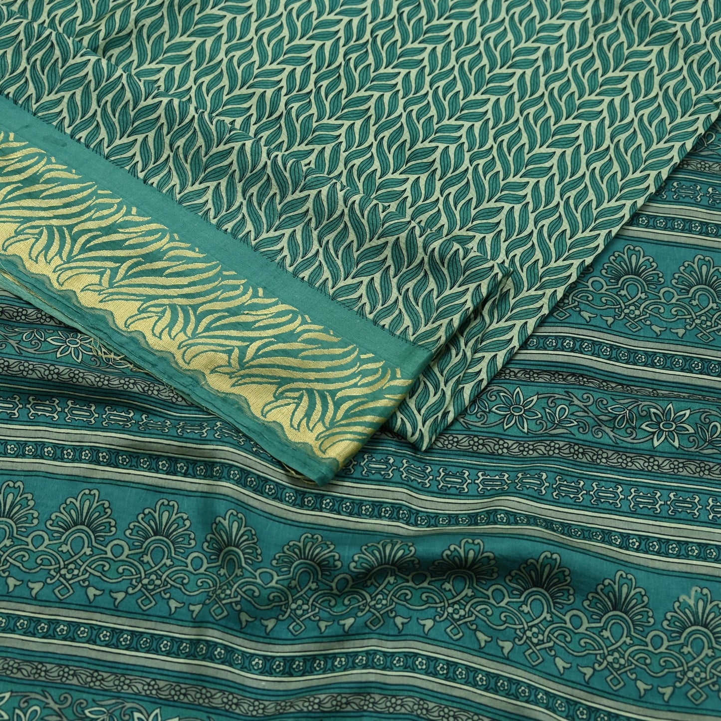 Indian Vintage Sari Beige & Green Pure Silk Printed Saree Craft Fabric 5yd Sewing DressMaking Soft Crafting Quilting Upcycle