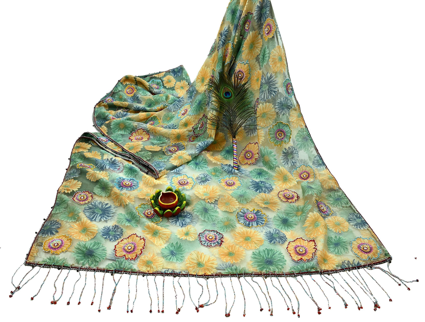 Indian Vintage Wedding Sari Green Organza hand Embroidered Saree Craft Fabric 5Yd Sewing Ethnic Bollywood sarees Dress making
