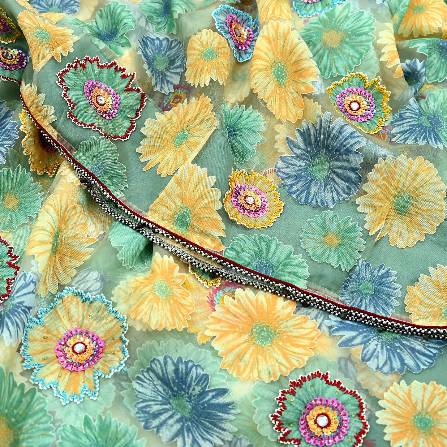Indian Vintage Wedding Sari Green Organza hand Embroidered Saree Craft Fabric 5Yd Sewing Ethnic Bollywood sarees Dress making