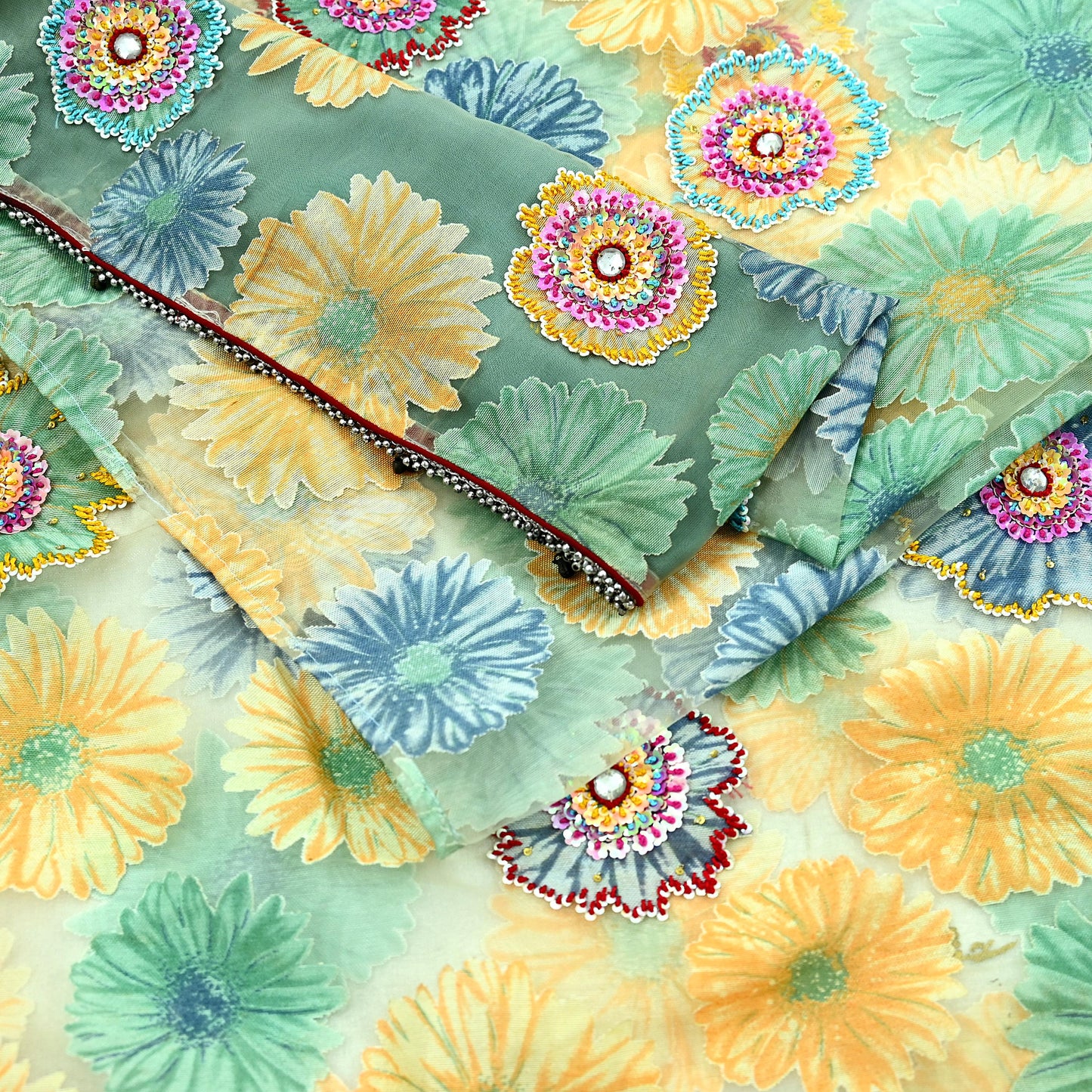 Indian Vintage Wedding Sari Green Organza hand Embroidered Saree Craft Fabric 5Yd Sewing Ethnic Bollywood sarees Dress making