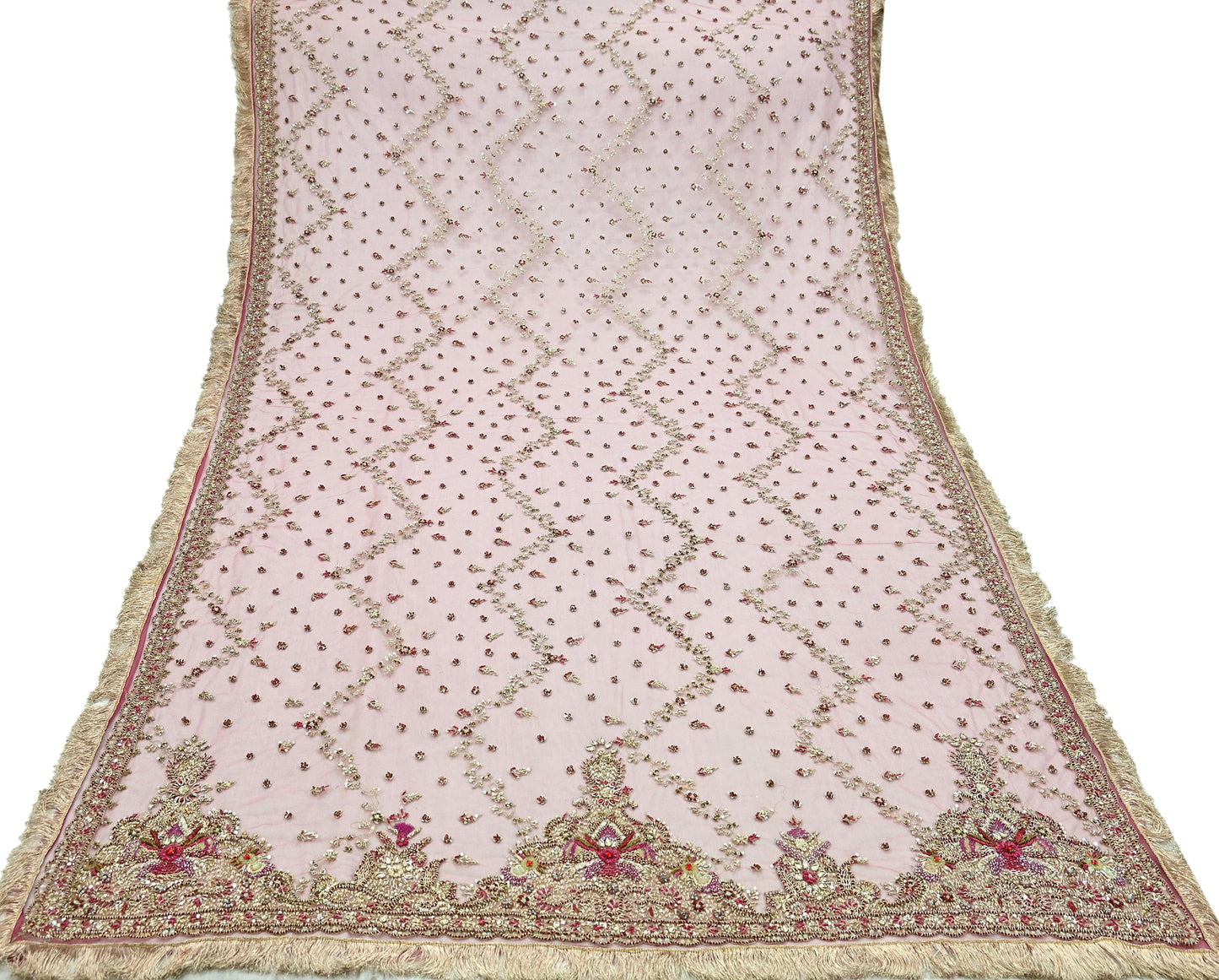 Indian Vintage Heavy Pink Dupatta Net Mesh Long Stole Hand Embroidered Scarves Golden Zardozi Dabka Zari Sequins Wedding Dupatta Party Wear