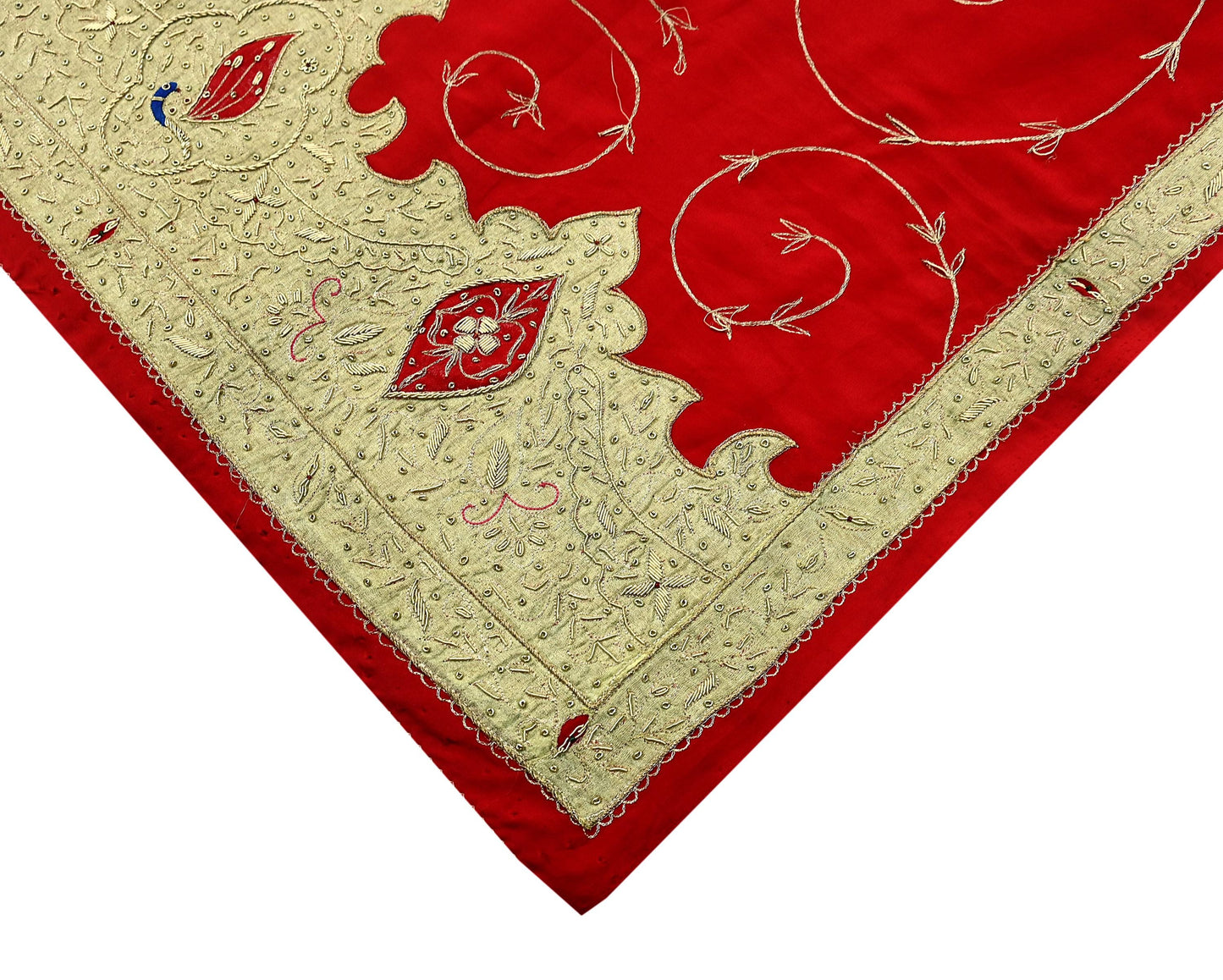 Indian Vintage Heavy Red Dupatta Crepe Long Stole Hand Embroidered Scarves Dabka Zardozi Zari Stole Peacock Design