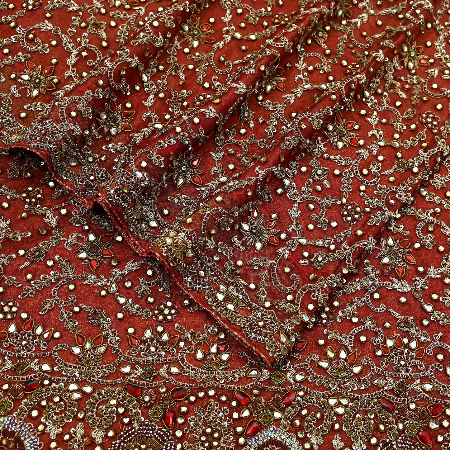 Indian Vintage Heavy Wedding Red Dupatta Net Mesh Long Stole Hand Embroidered Scarves Golden Zardozi Zari Sequins Dridal Veil Hijab