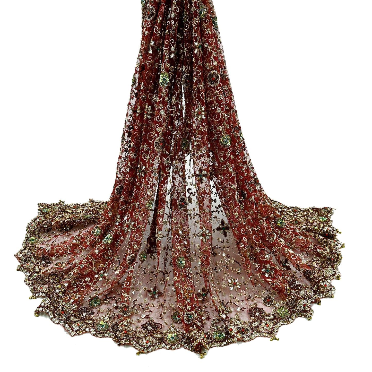 Indian Vintage Heavy Wedding Maroon Dupatta Net Mesh Long Stole Hand Embroidered Scarves Golden Zardozi Zari Sequins Dridal Veil Hijab