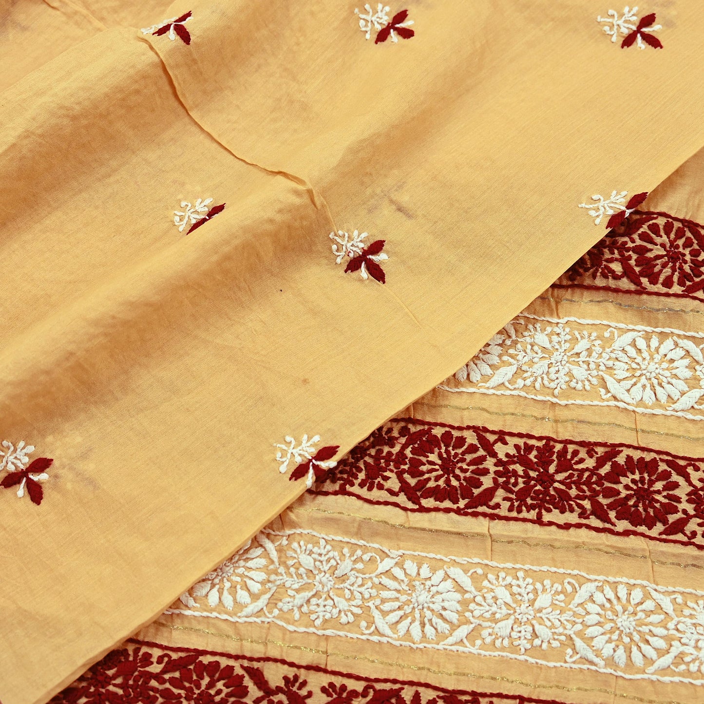 Indian Vintage Dupatta Beige Long Stole Pure Chanderi silk Handmade Chikankari Scarves Veil Scarf Wrap Floral Design