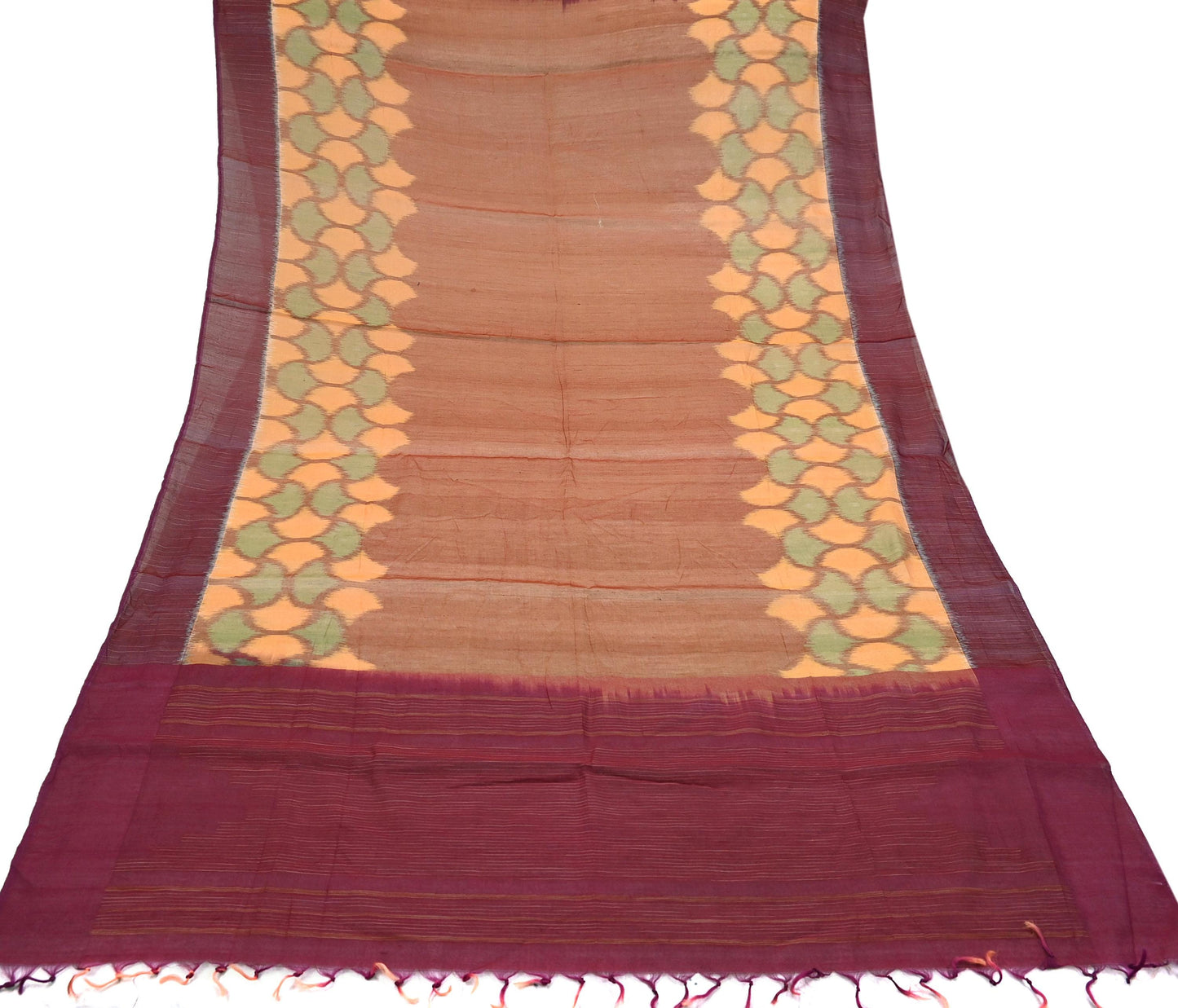 Indian Vintage Maroon & Peach Dupatta Long Stole Hand woven Sambalpuri Ikat Hijab Pure Silk Scarves Veil Fringes