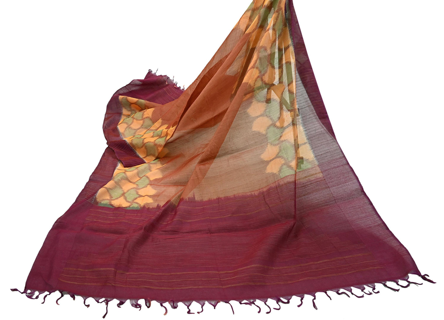 Indian Vintage Maroon & Peach Dupatta Long Stole Hand woven Sambalpuri Ikat Hijab Pure Silk Scarves Veil Fringes
