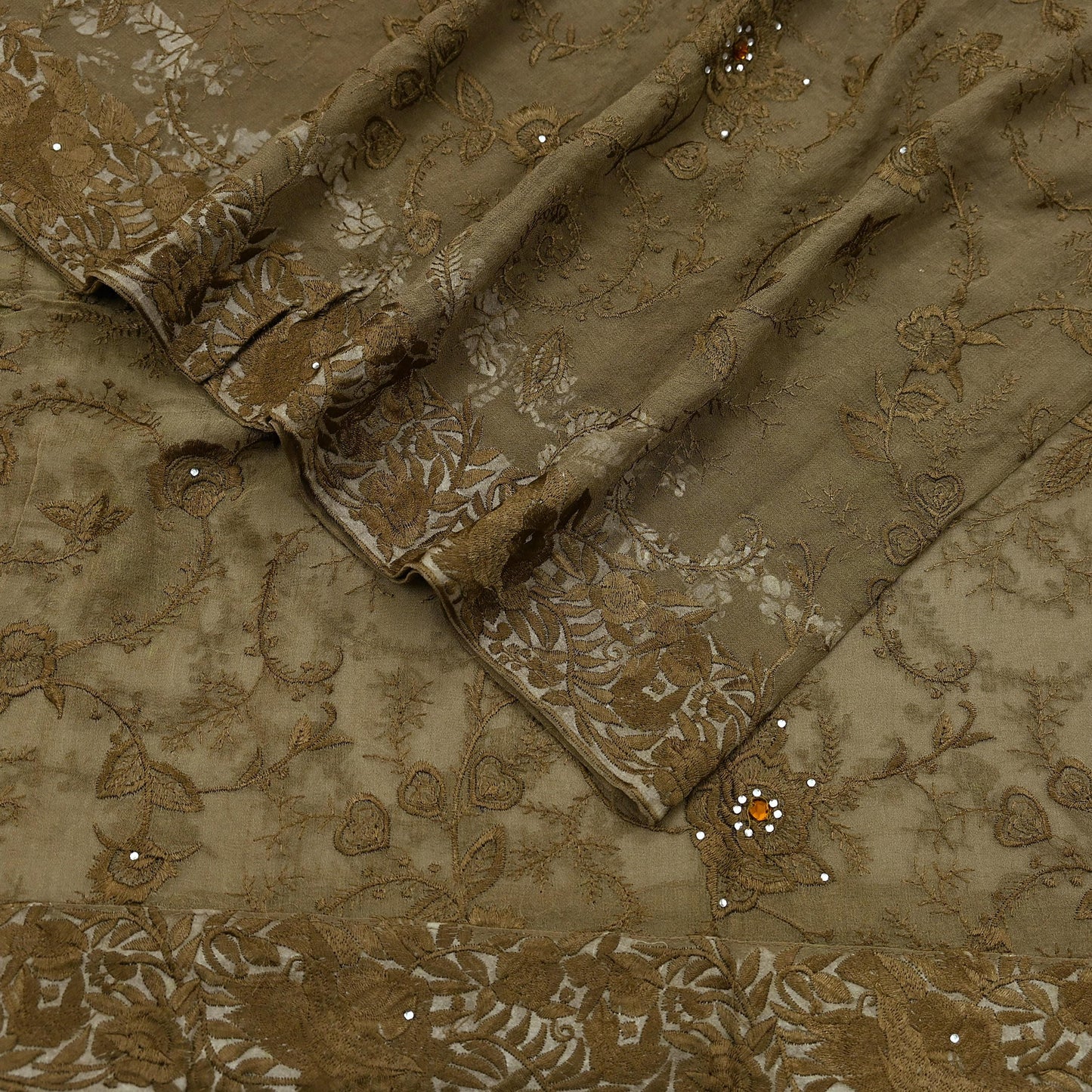 Indian Vintage Dupatta Green Pure Georgette silk Long Stole Embroidered Scarves Stole Veil Wrap
