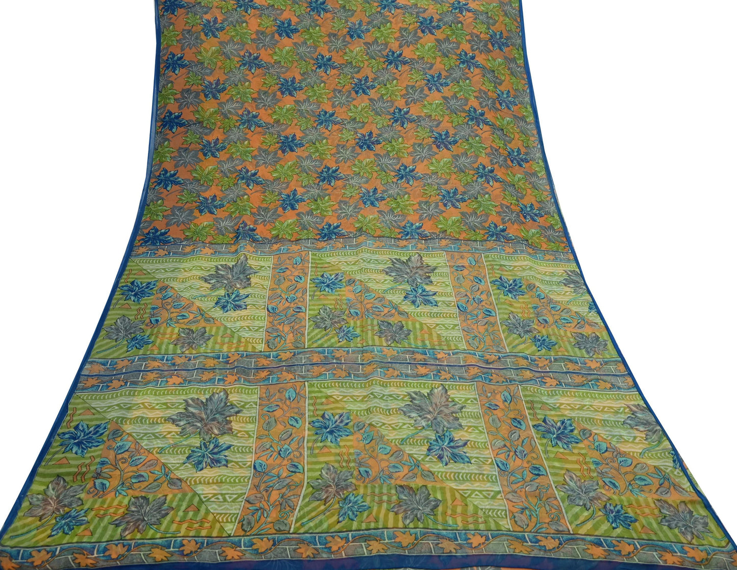 Indian Vintage Sari Orange & Green Pure Chiffon Silk Printed Sarees Craft Fabric Sewing 5Yd Soft Light Sari Dress Making