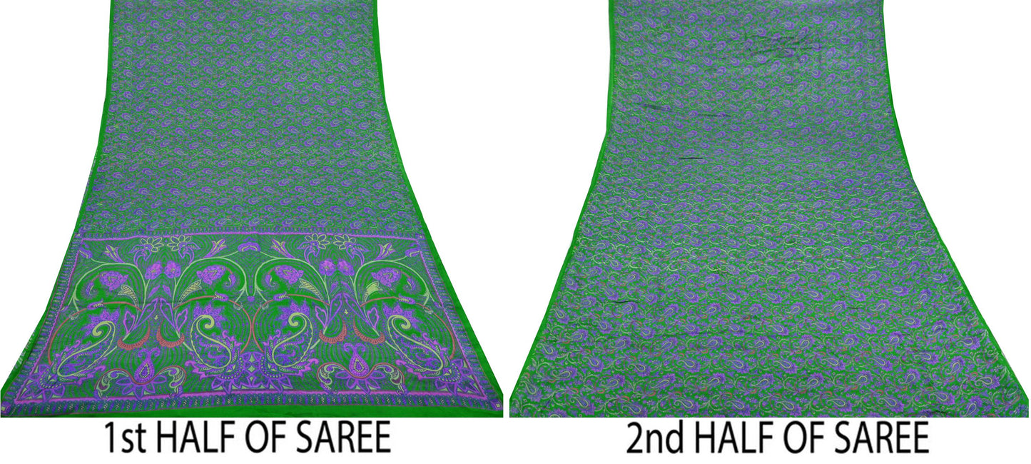 Indian Vintage Sari Green Pure Silk Printed Sarees Craft Fabric 6yd Sewing Dress Making Soft Floral Crafting quilting