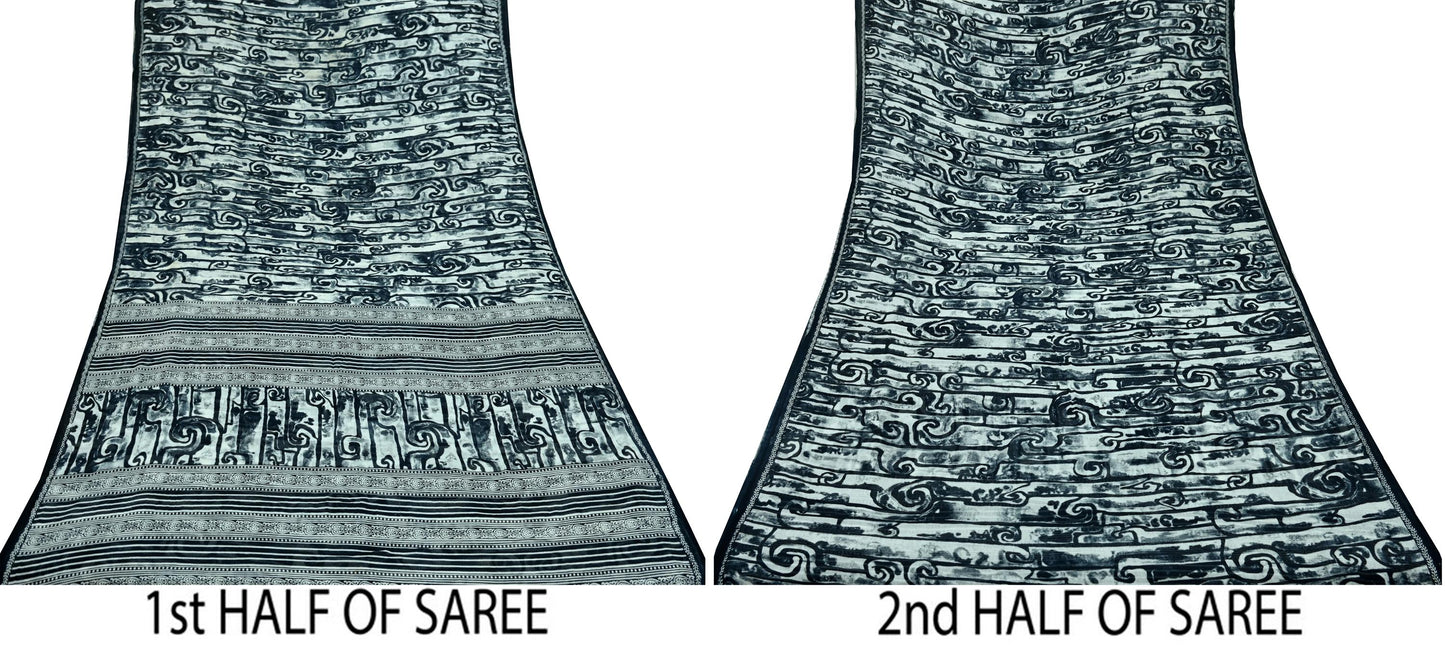 Indian Vintage Sari Black & White Printed Pure Cotton Sarees Craft Fabric 5Yd Sewing Soft Sarong Wrap Boho Paisley Quilting Crafting