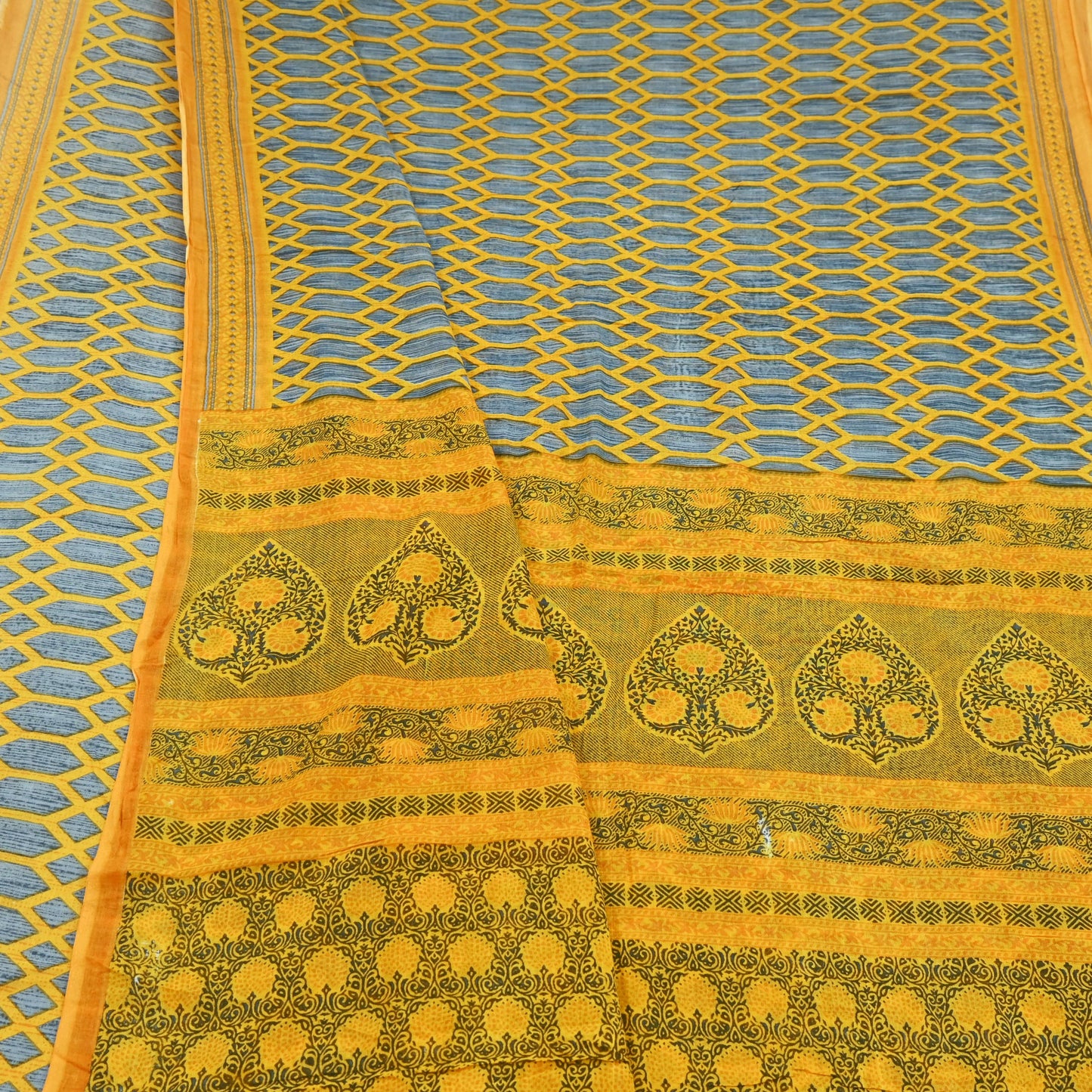 Indian Vintage Gray & Yellow Saree Printed Pure Cotton Sari Craft Fabric 5Yd Soft Sewing Sarong Wrap Boho Floral Dress making Crafting